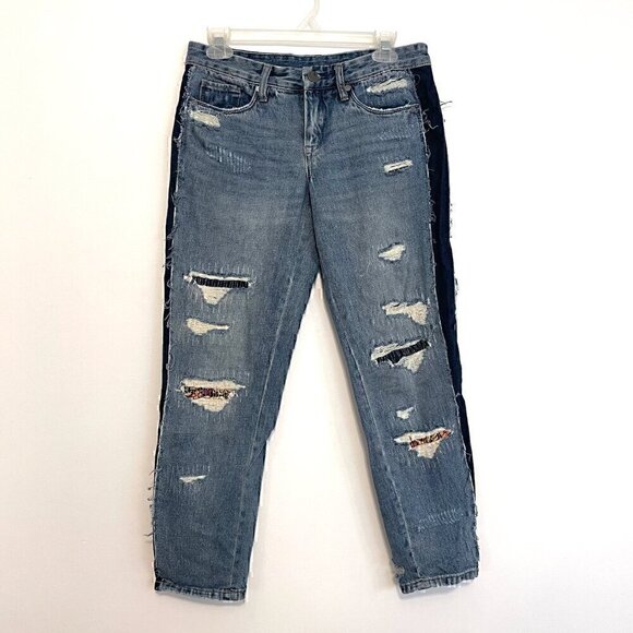 BLANK NYC BLANKNYC Patchwork Distressed Side Striped Crop Girlfriend Jeans Boho - Picture 2 of 14